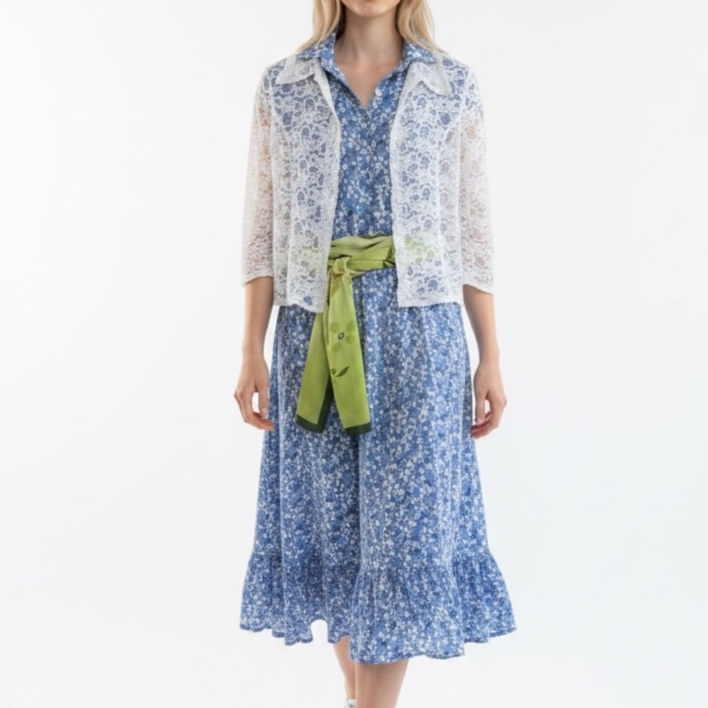 Outfit #4: JS Boutique Lace Shirt (Made in Canada) & Blue Floral Midi Dress Set